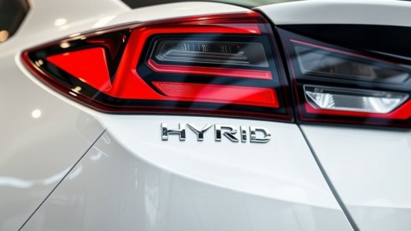 Close-up of white hybrid vehicle, taillight detail and badge, showroom.