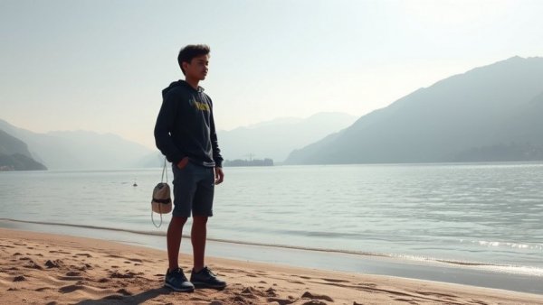 Tranquil lakeshore scene with person and mountains