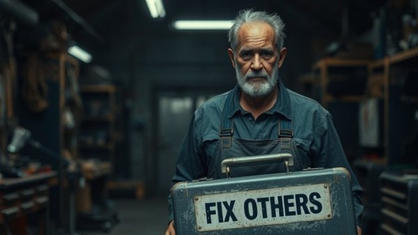 Mechanic in auto shop depicting self-deception in dealership management.
