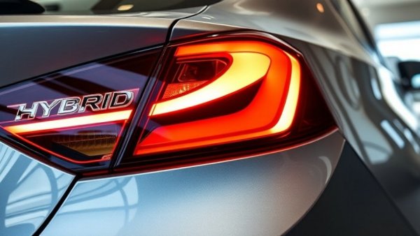 Close-up of hybrid vehicle taillight in California showroom.