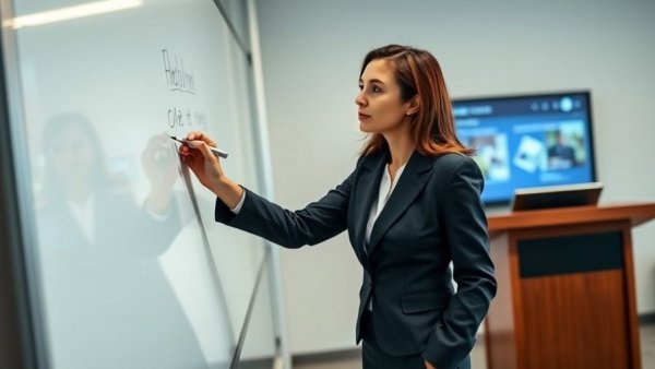 Managing People Now Looks More Like Coaching: Woman writing on whiteboard during presentation.