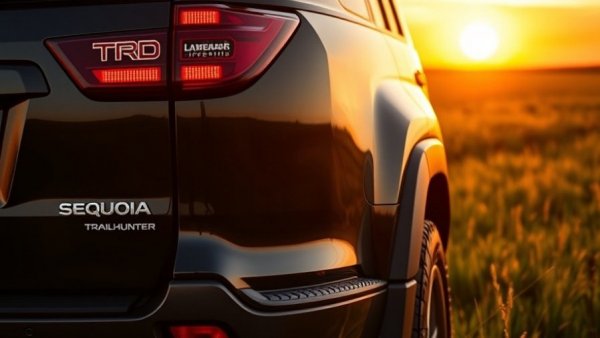 Close-up rear view of 2027 Toyota Sequoia Trailhunter at sunset.