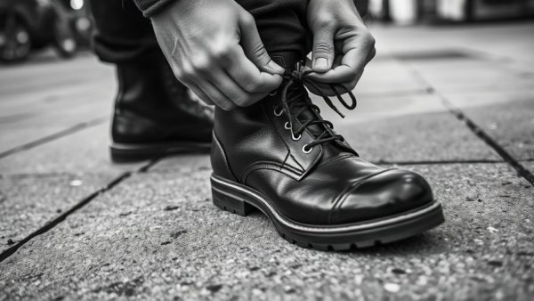 Person lacing boots with motivational quote.
