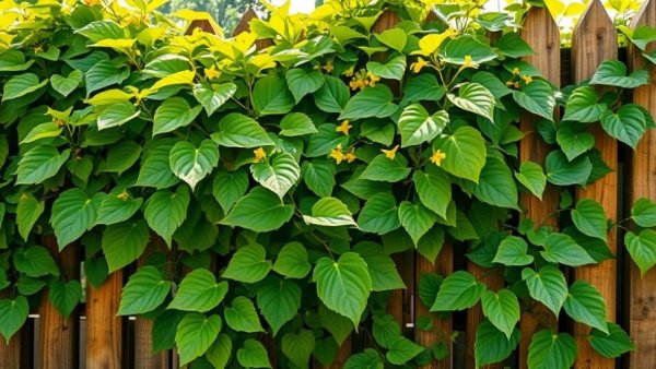 Vibrant vine plant with green leaves and yellow flowers in garden.