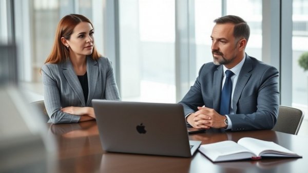 Business professionals discussing executive coaching in a dealership setting.