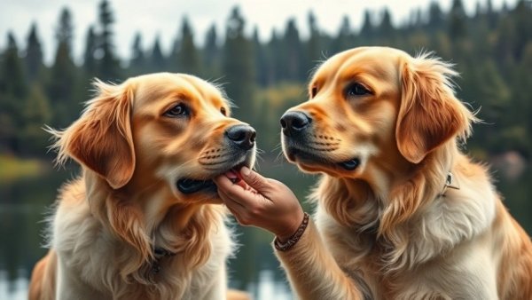 Two golden retrievers focus on gesture in forest scene, reflecting on distraction.