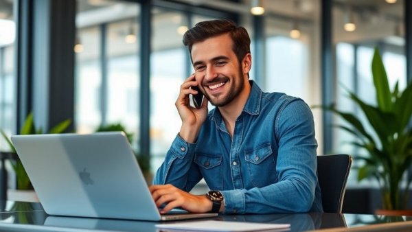 Young man demonstrating dealership communication skills during phone call.