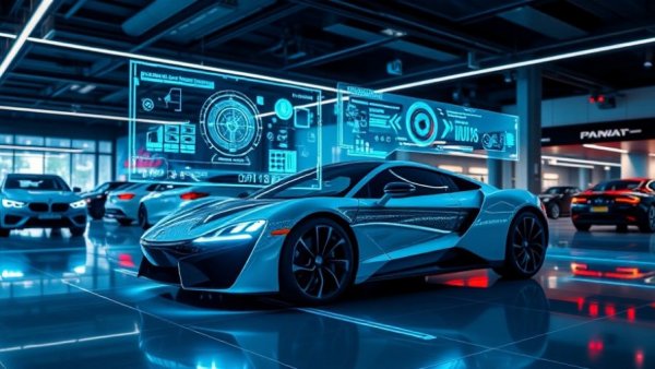 AI hologram in showroom with modern car and tech graphics.