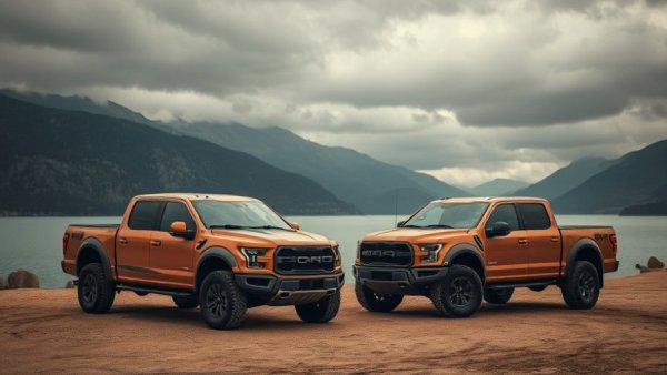 Used pickup trucks parked by scenic lake, highlighting market stabilization.