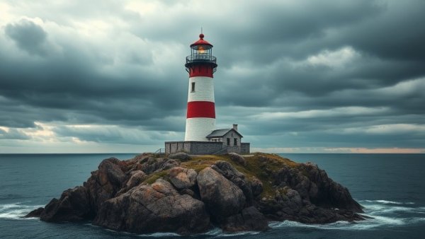 New England Island Lighthouses: lighthouse on rocky cliff under cloudy skies