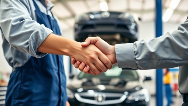 Handshake between mechanic and client in auto service setting.