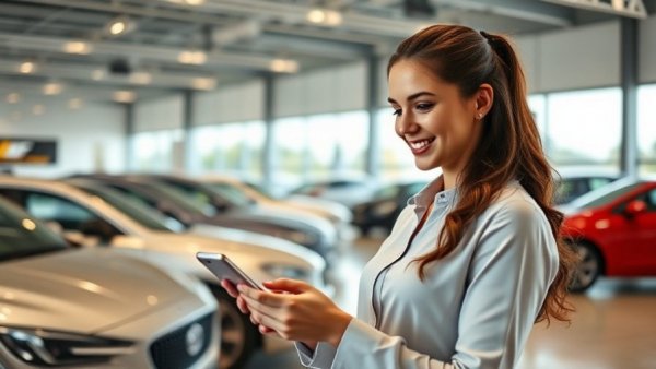 Professional woman in dealership checking smartphone for customer connectivity rate.