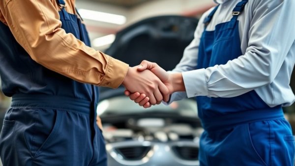 Mechanic and client handshake at car service, automotive workshop scene