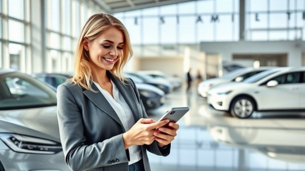 Professional woman checking phone in automotive dealership, highlighting customer connectivity rate