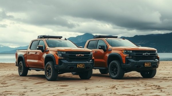 Used vehicle market stabilizes with two trucks parked lakeside.