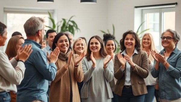 Diverse coworkers embrace and support each other at work meeting
