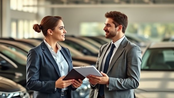 Professional team discussing in a car dealership showcasing multi-generational success.