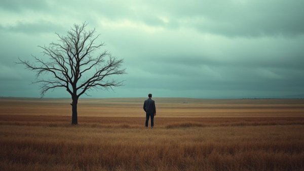 Courage to be Disliked: Lone figure in field near tree under gray sky.