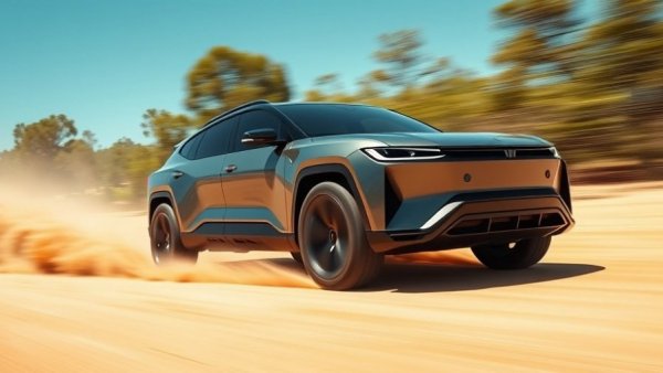 2026 Rivian R2 SUV driving on sandy terrain with motion blur
