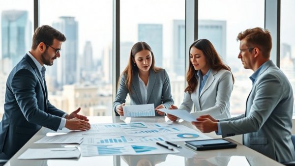 Professionals discussing data charts in office, used car financing rates context.