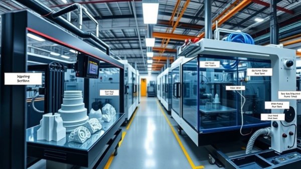 Comparison of 3D printing vs injection moulding in factory.