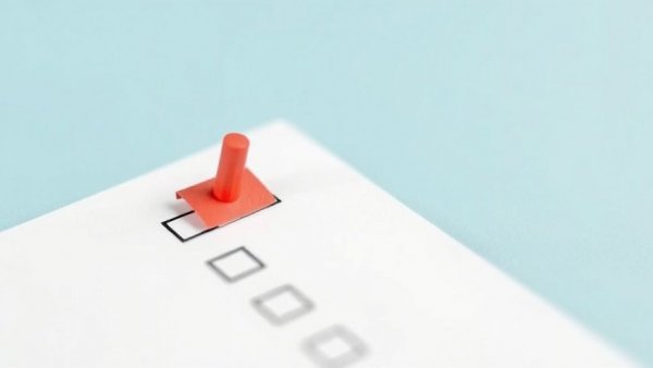 Compliance checklist with red checkmark on white paper.
