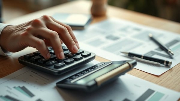 Person calculating with documents for auto refinancing savings.