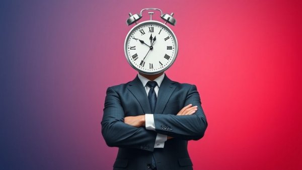Surreal image of a man with a clock head symbolizing time management.