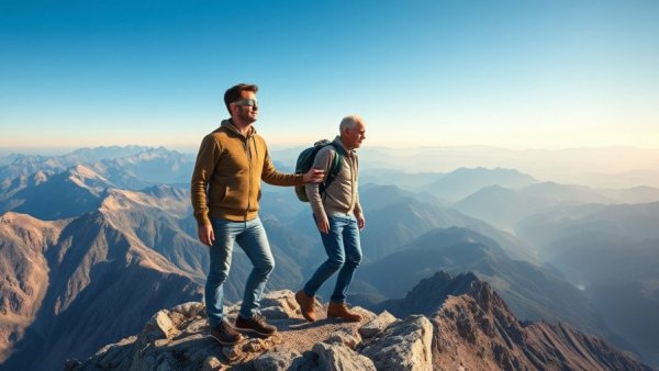 Two men on a mountain, one blindfolded; concept of guidance and trust.