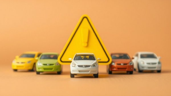 Toy cars with warning sign symbolizing dealership fraud prevention.