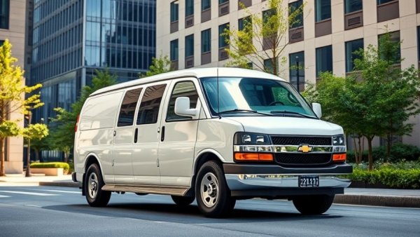 2027 Chevy Express van parked with modern buildings in background