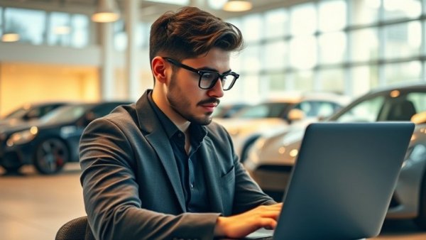 Businessman engaged with laptop in car dealership showcasing leadership alignment automation success.