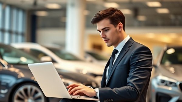 Businessman using laptop in car showroom, illustrating leadership alignment for automation success.
