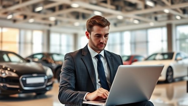 Businessman using laptop in car showroom, leadership alignment automation success scene.