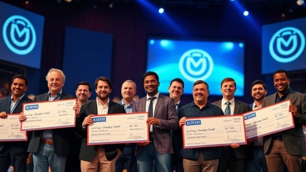 Men holding checks on stage at automotive training center event