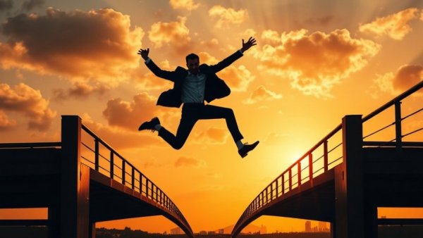 Businessman leaps between bridges in sunset sky, symbolizing growth.