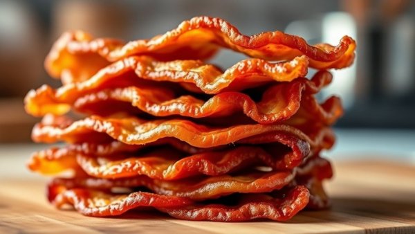 Crispy bacon close-up with motivational quote overlay.