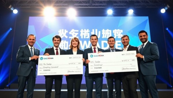 Event winners displaying checks at automotive finance services awards.