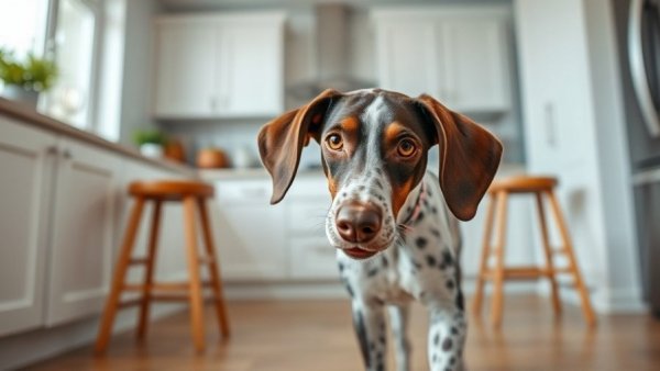 Dog exploring a cozy kitchen with wooden chairs.