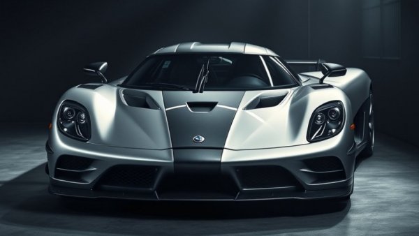 Sleek silver Koenigsegg CCGT1 with illuminated headlights.