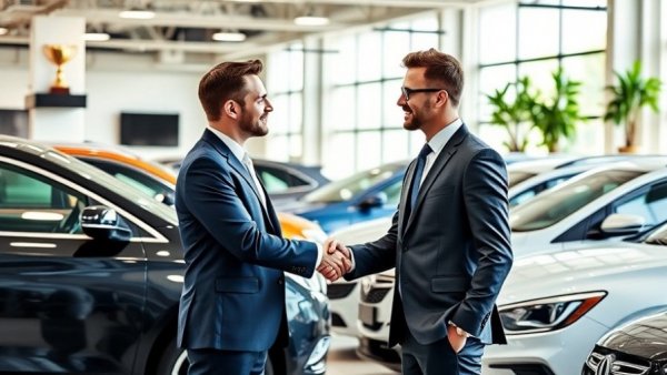 Car salesperson and customer greeting in a modern showroom, First Five Minutes in Automotive Sales.