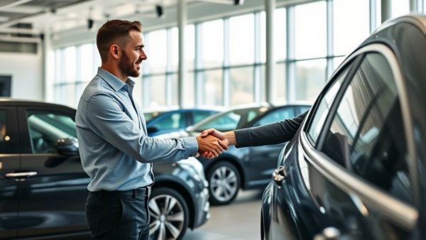 First five minutes of car sales handshake in modern showroom.