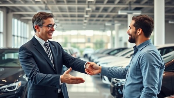 Car salesperson greeting customer in showroom, first five minutes in car sales.