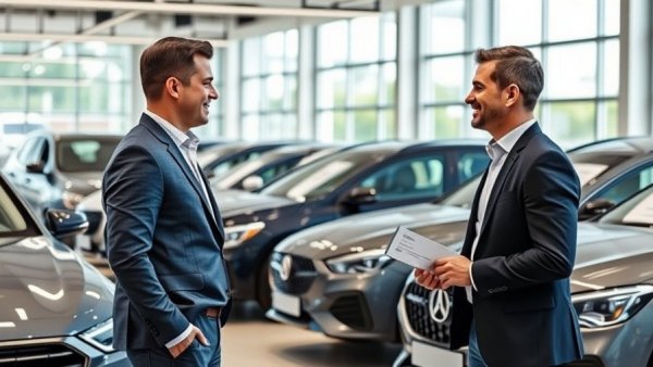 Car salesman and customer handshake in dealership