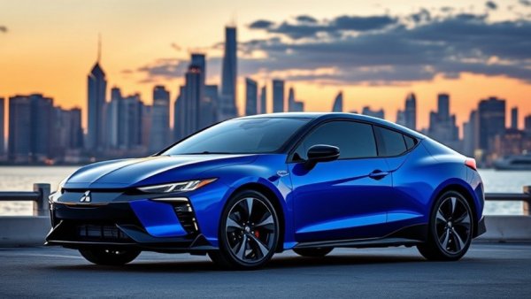 2027 Mitsubishi Eclipse Sportback with city skyline