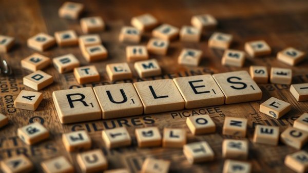 Scattered Scrabble tiles spelling 'RULES' on a wooden table.