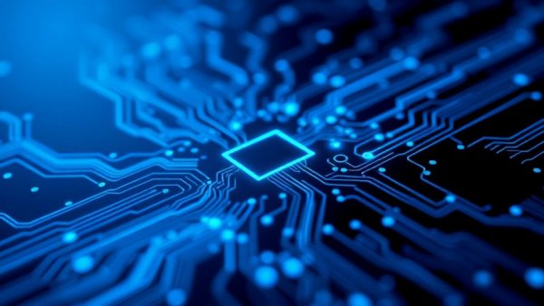 Futuristic blue circuit board symbolizing AI Elevates Employee Performance.