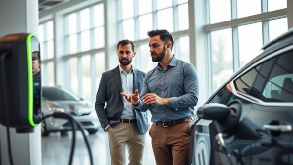 Professionals discussing electric vehicle sales in a showroom.