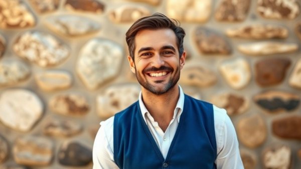 Close-up smiling man in blue vest, soft lighting, stone wall