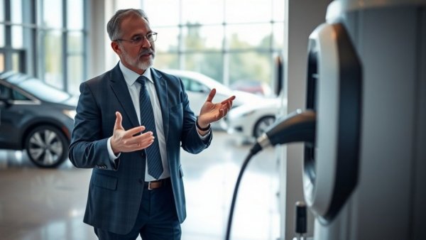 Businessman demonstrating EV charging to customer; used EV sales increase.